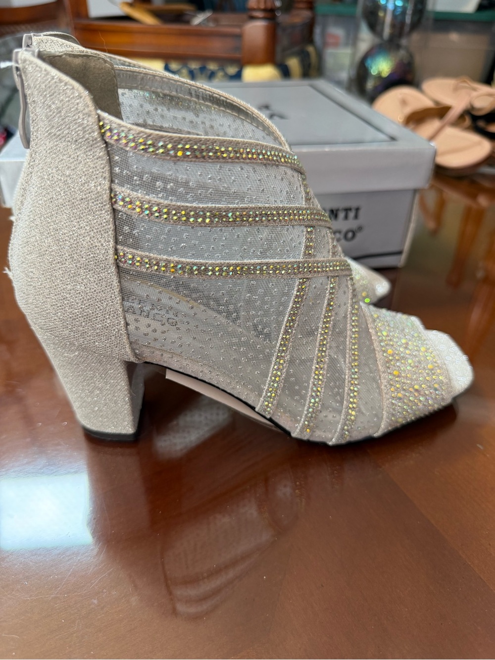 Valenti Franco Champagne Glitter Rhinestone Open-Toe Booties - Picture 2 of 10